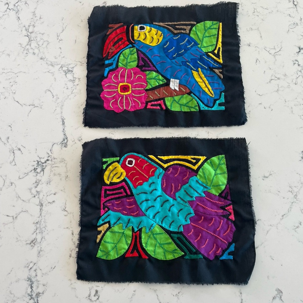Lot Of 2 Vintage Kuna Mola HandMade Textile Embroidery Parrot Toucan Colorful